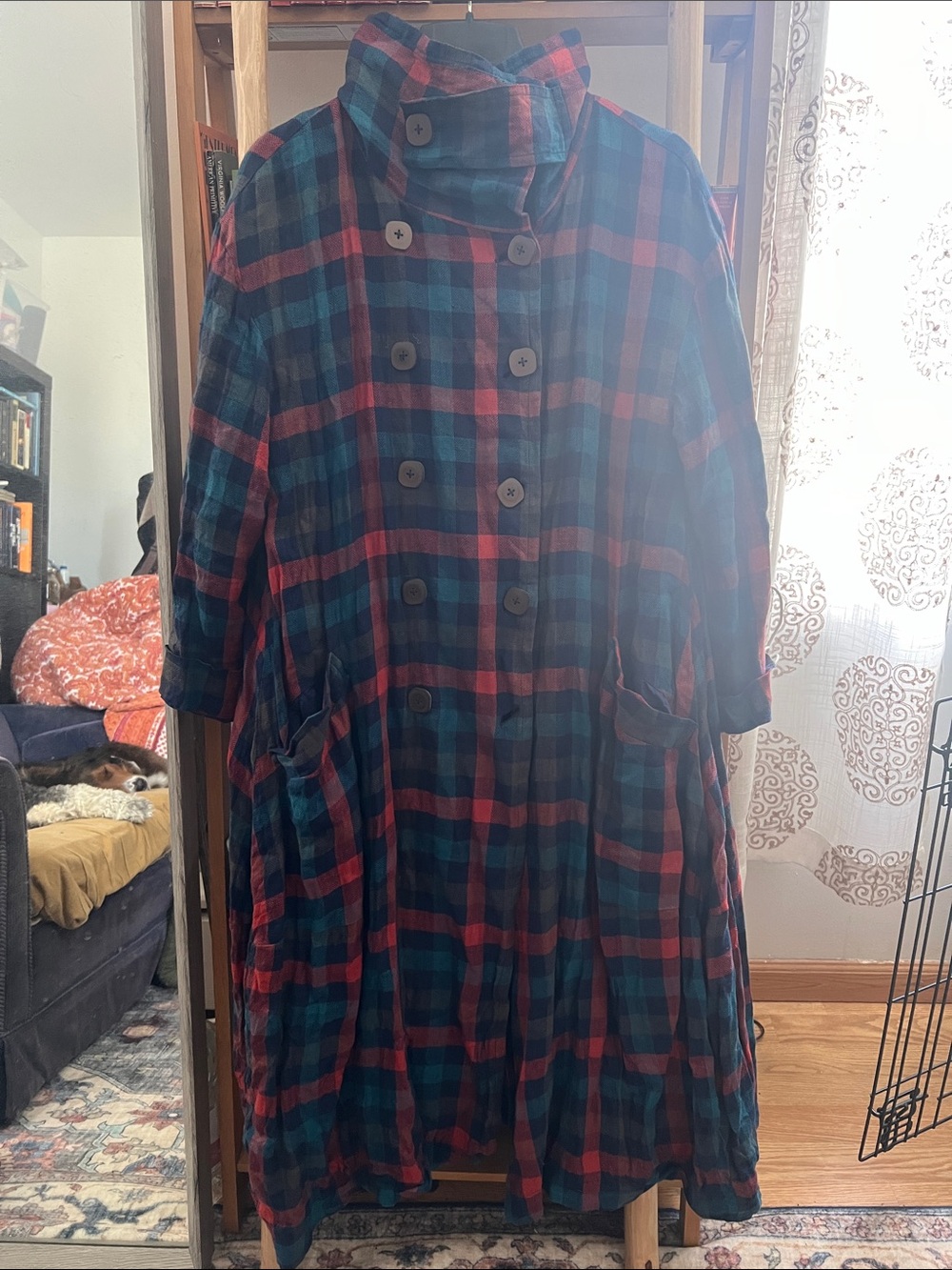 Plaid Double-Breasted Women's Coat - Red & Blue